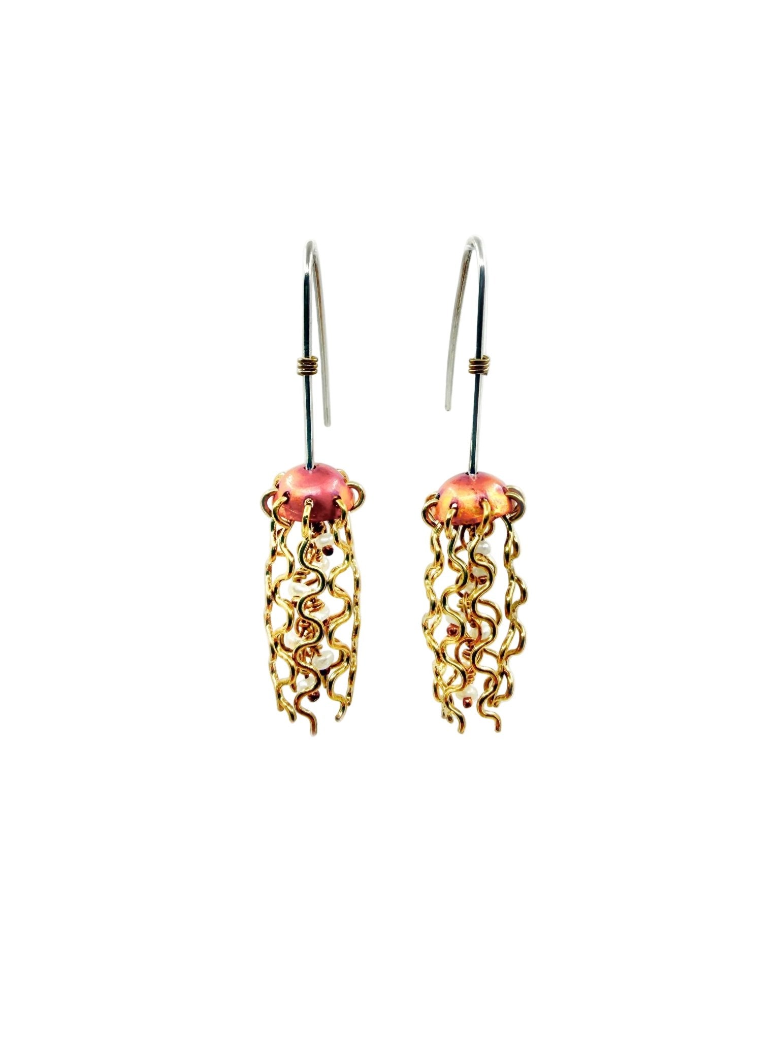 Mini Red Copper Jellyfish Earrings with White Pearls and Sterling Silver Earwires by Alison Morse at Shirley Shoppe