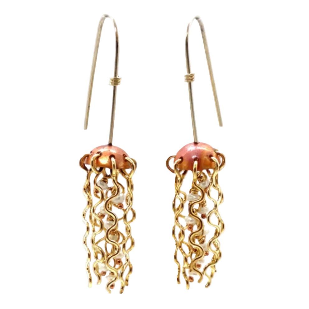 Mini Red Copper Jellyfish Earrings with White Pearls and Sterling Silver Earwires by Alison Morse at Shirley Shoppe