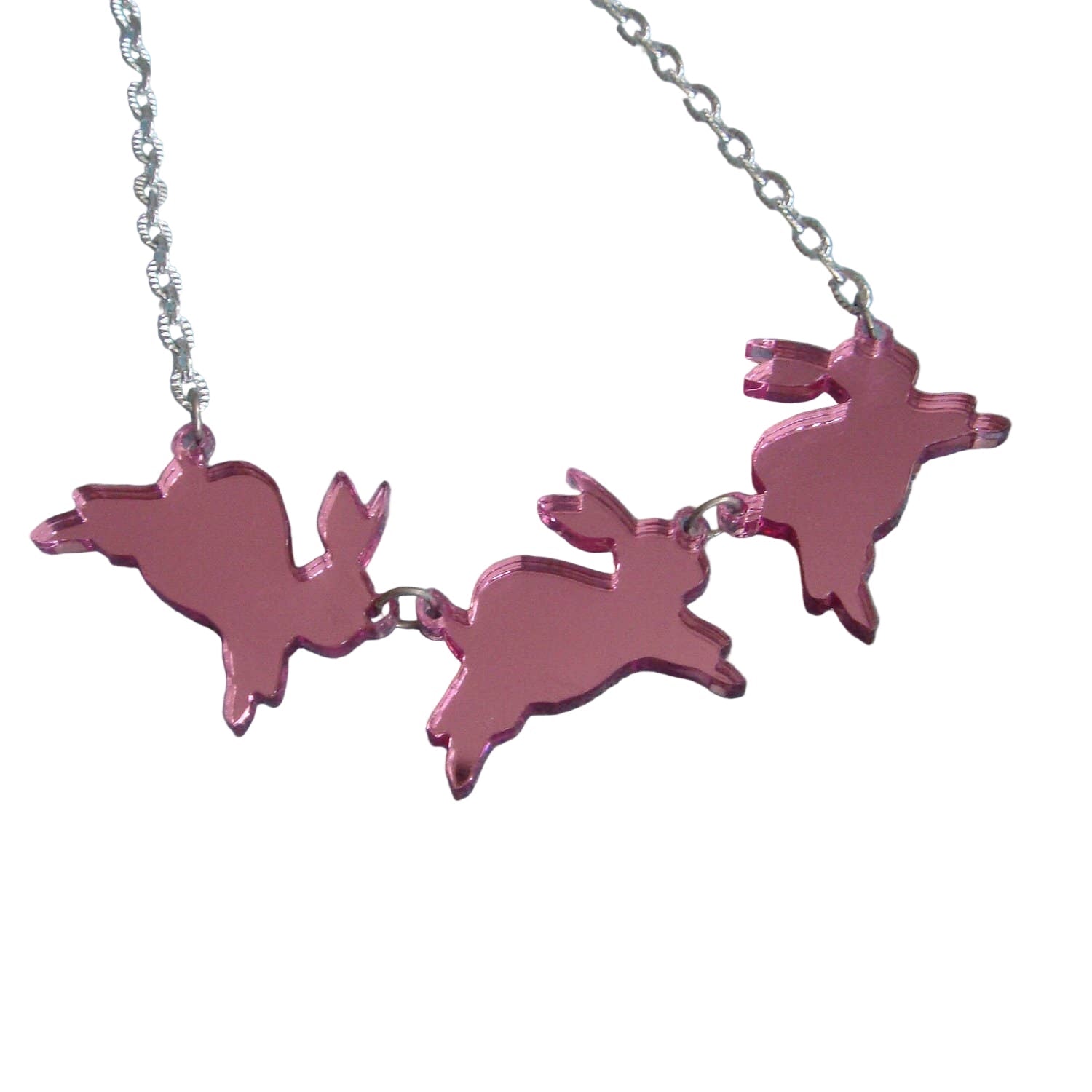 Mirror Bouncing Bunnies Bunny Rabbit Statement Necklace PINK by Quirks! at Shirley Shoppe