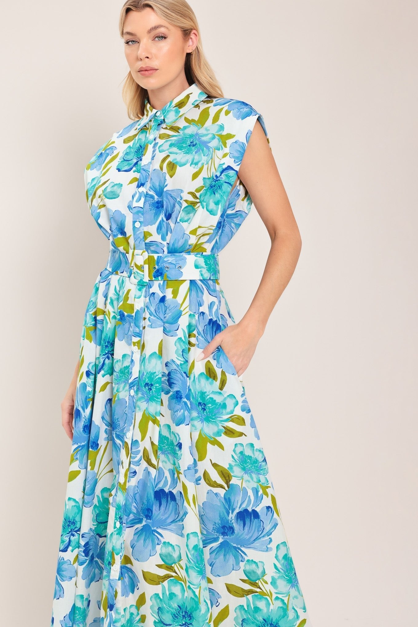 MODERN BLOOM WOVEN MIDI DRESS by Flying Tomato at Shirley Shoppe