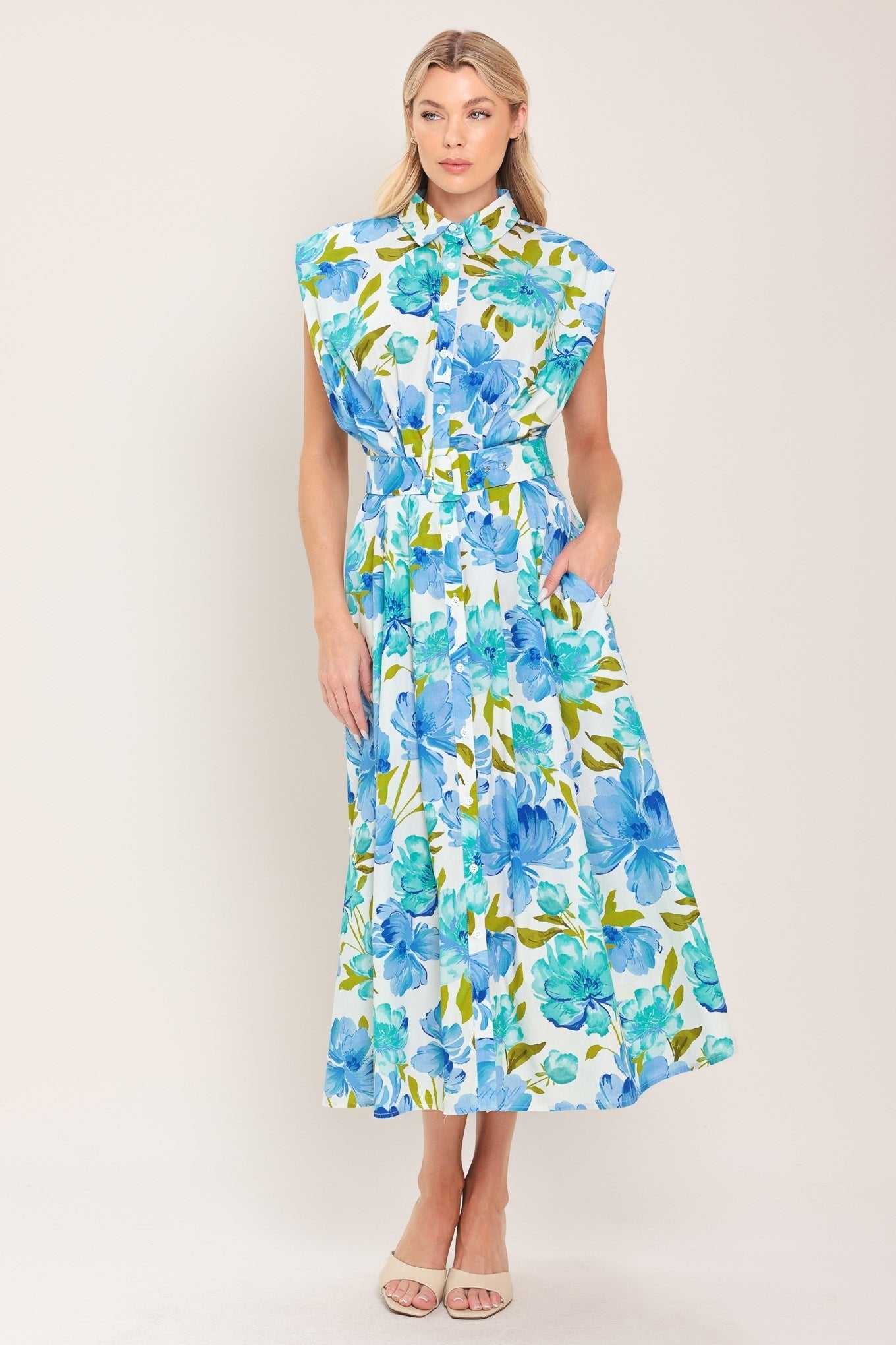 MODERN BLOOM WOVEN MIDI DRESS by Flying Tomato at Shirley Shoppe