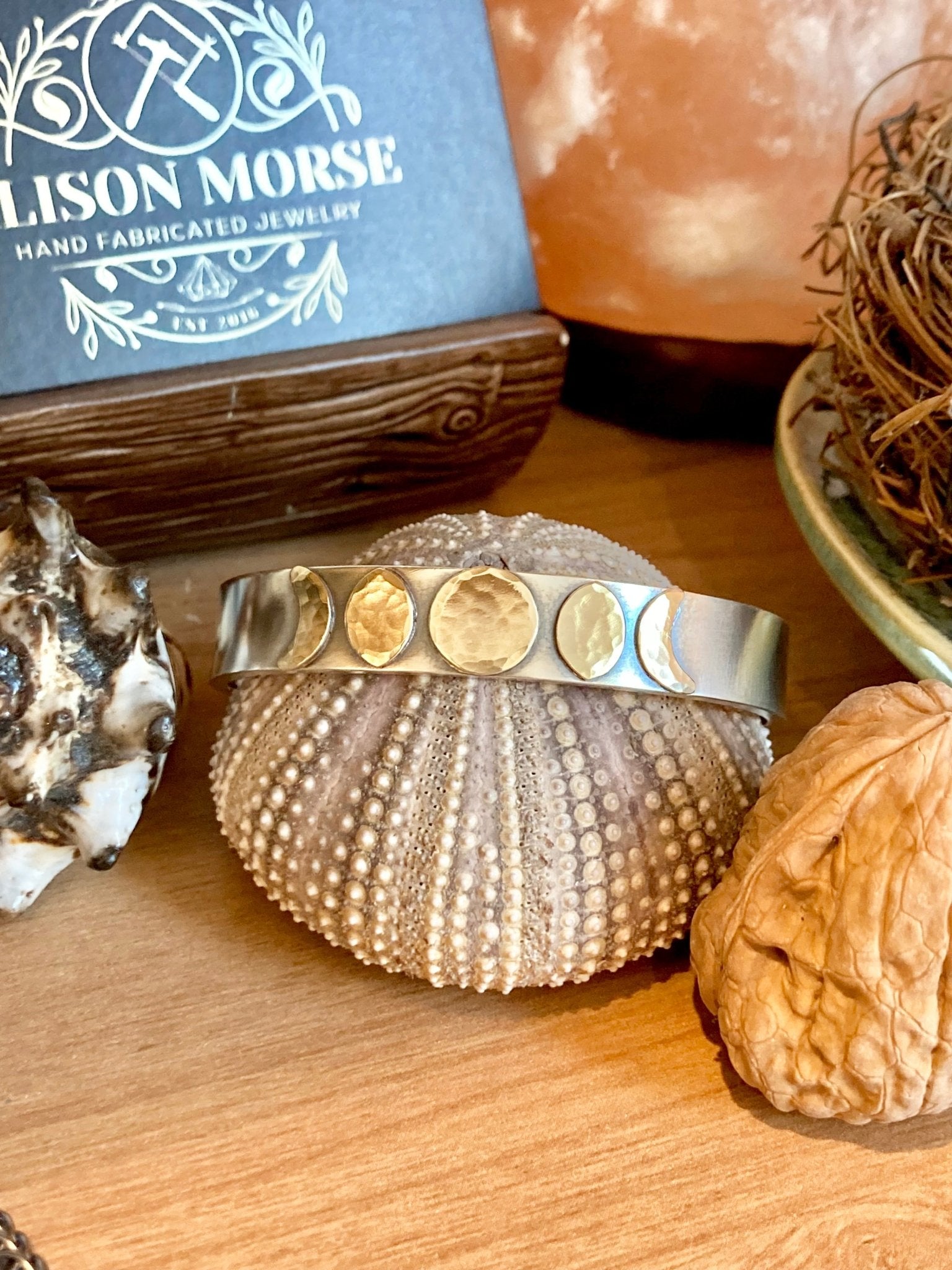 Moon Phase Cuff Bracelet in Sterling Silver and Brass by Alison Morse at Shirley Shoppe