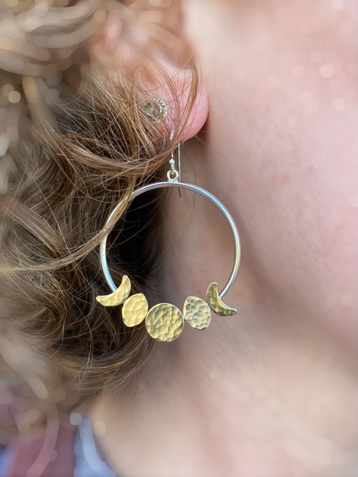Moon Phase Hoop Earrings in Sterling Silver and Brass by Alison Morse at Shirley Shoppe