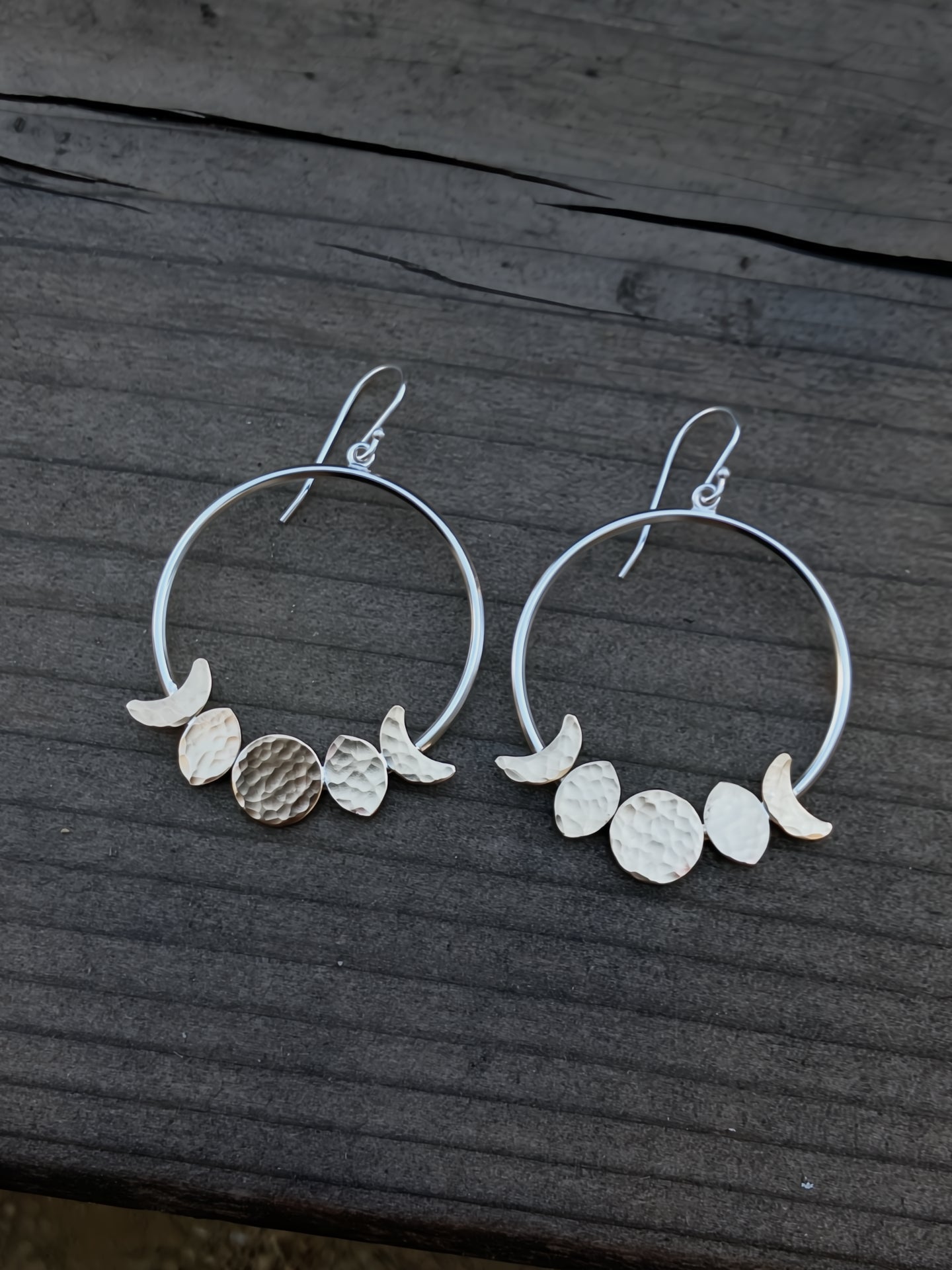Moon Phase Hoop Earrings in Sterling Silver and Brass by Alison Morse at Shirley Shoppe
