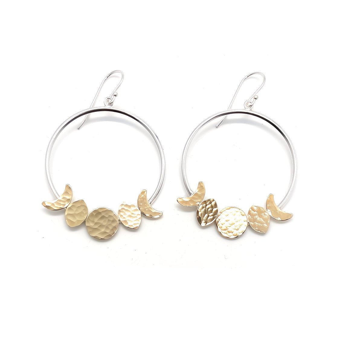 Moon Phase Hoop Earrings in Sterling Silver and Brass by Alison Morse at Shirley Shoppe