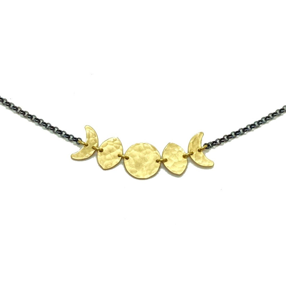 Moon Phase Necklace in Oxidized Sterling Silver and Brass by Alison Morse at Shirley Shoppe