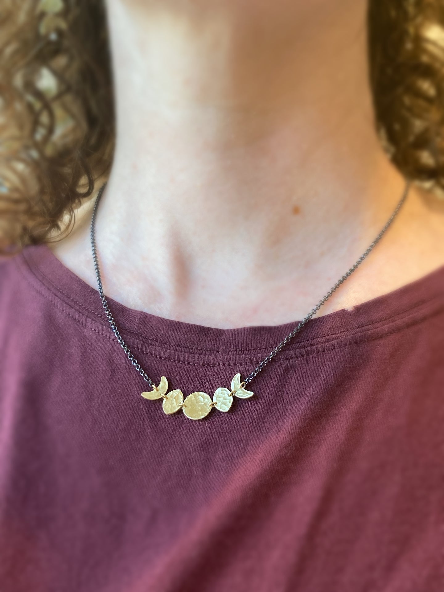 Moon Phase Necklace in Oxidized Sterling Silver and Brass by Alison Morse at Shirley Shoppe