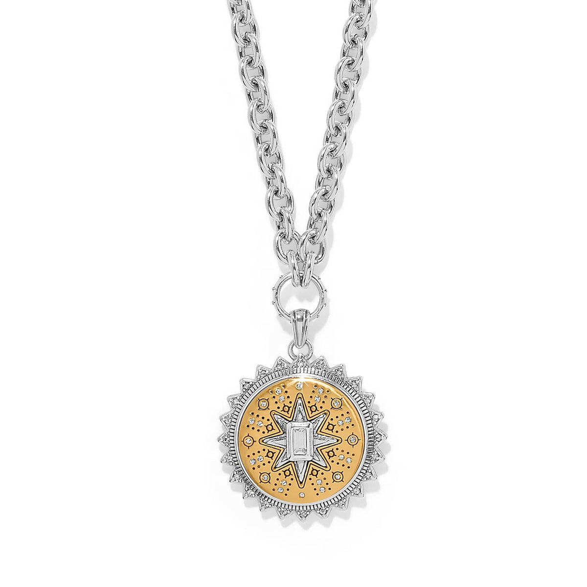 Brighton pendant necklace with two-tone sunburst medallion featuring crystal accents on silver chain on a white background
