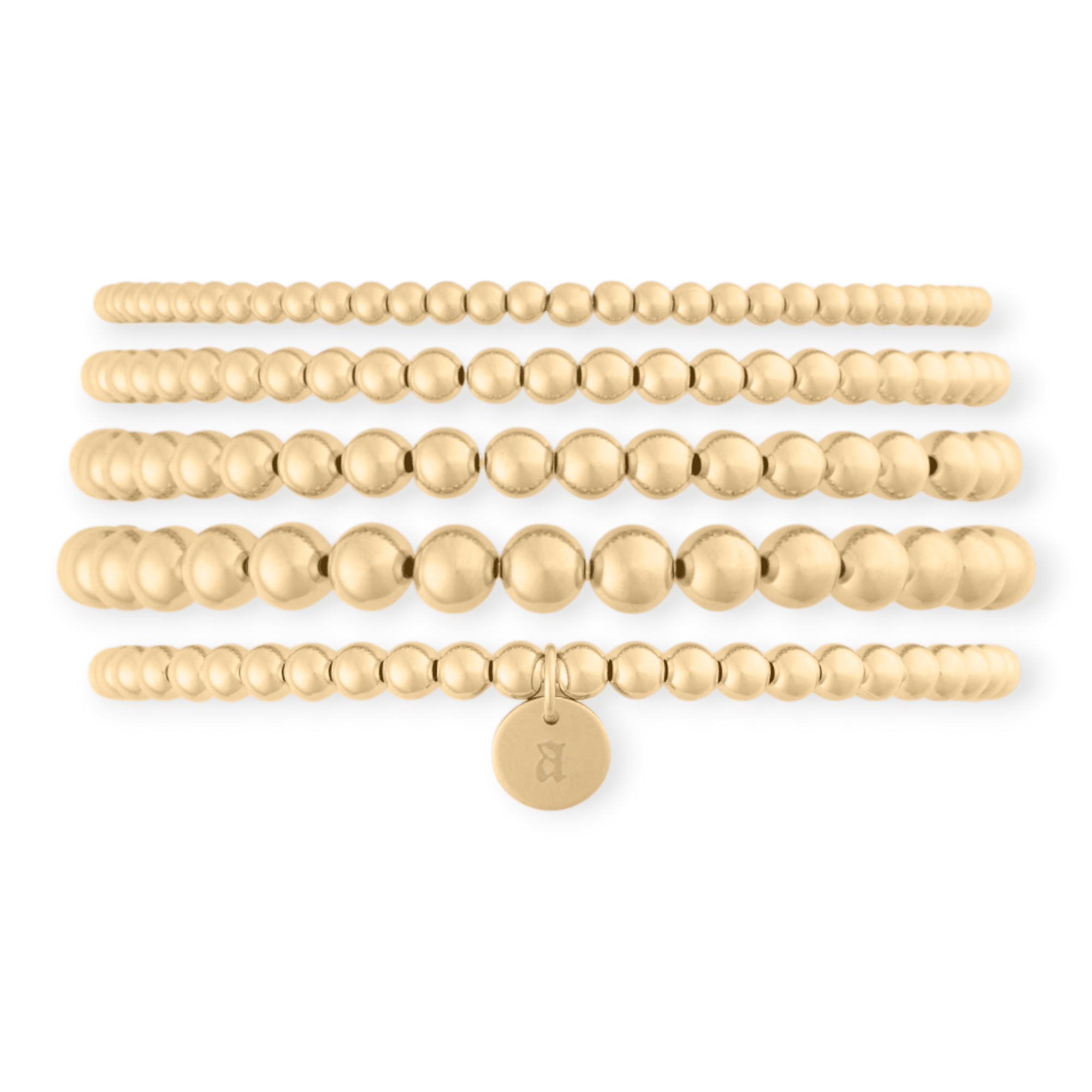 old english initial juno bracelet five stack (3+4+4+5+6mm) by Cuffed by Nano LLC at Shirley Shoppe