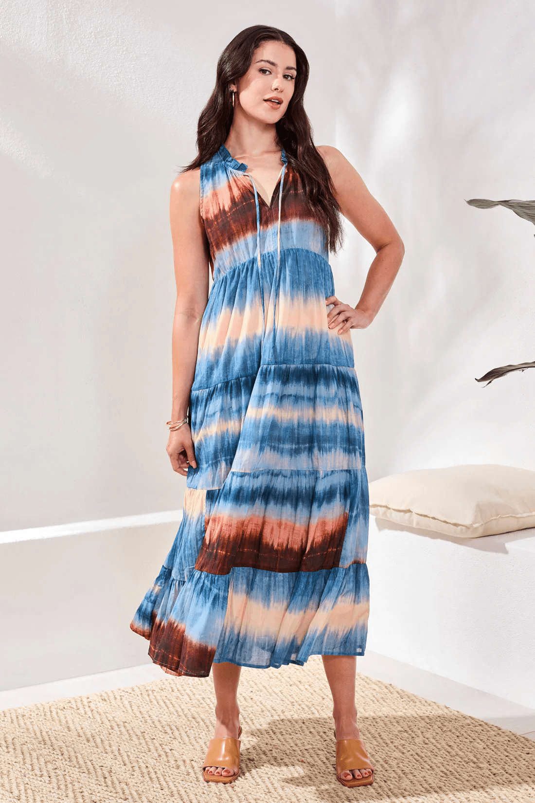 Ombré Printed Maxi Dress With Corded Neckline and Ruffle Hem by Tribal at Shirley Shoppe