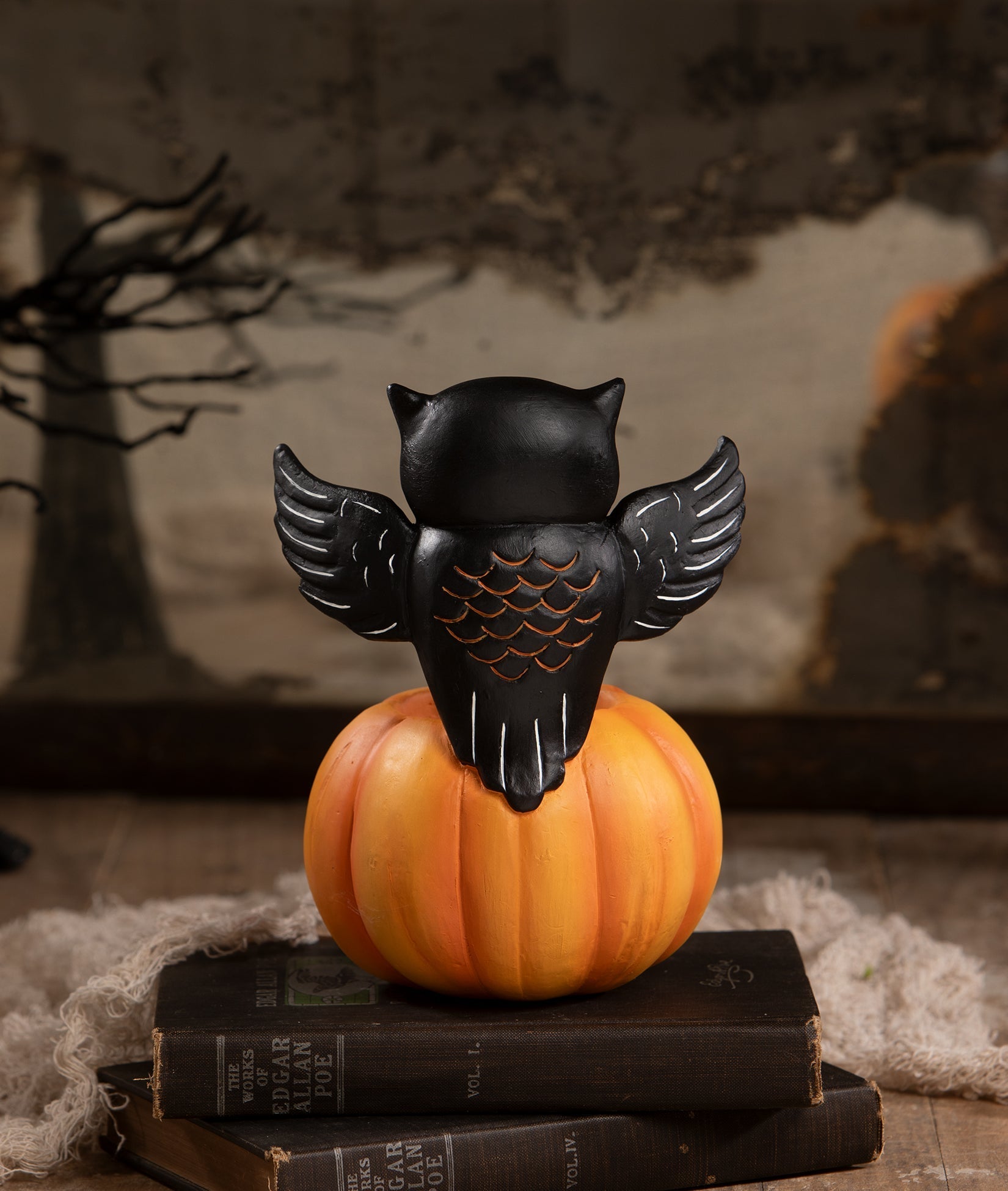 Owl on Jack O'Lantern | Halloween Decor | Bethany Lowe by Quirks! at Shirley Shoppe