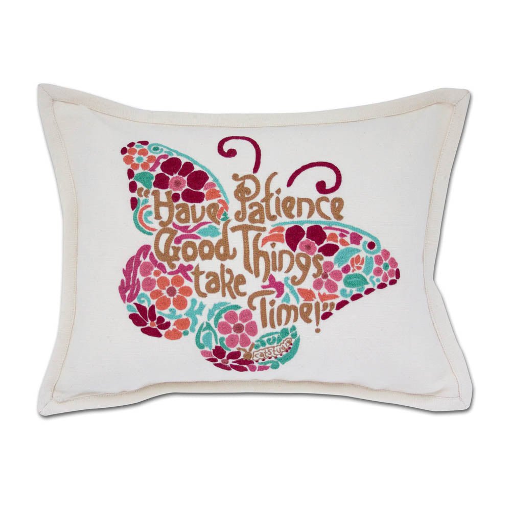 Patience Butterfly Love Letters Hand - Embroidered Pillow - Available in Pink or Blue by CatStudio by Quirks! at Shirley Shoppe