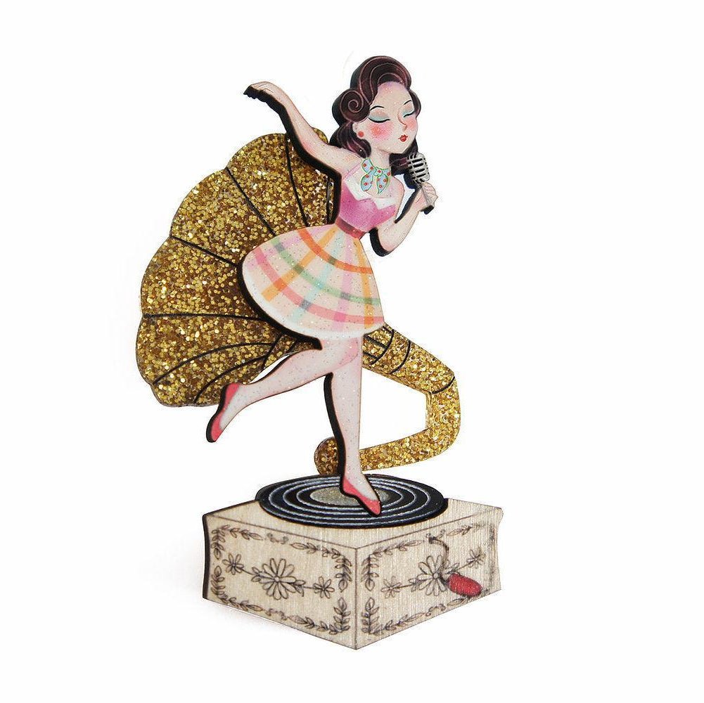 Pin Up Singer w/ Victrola Brooch by Laliblue by Quirks! at Shirley Shoppe