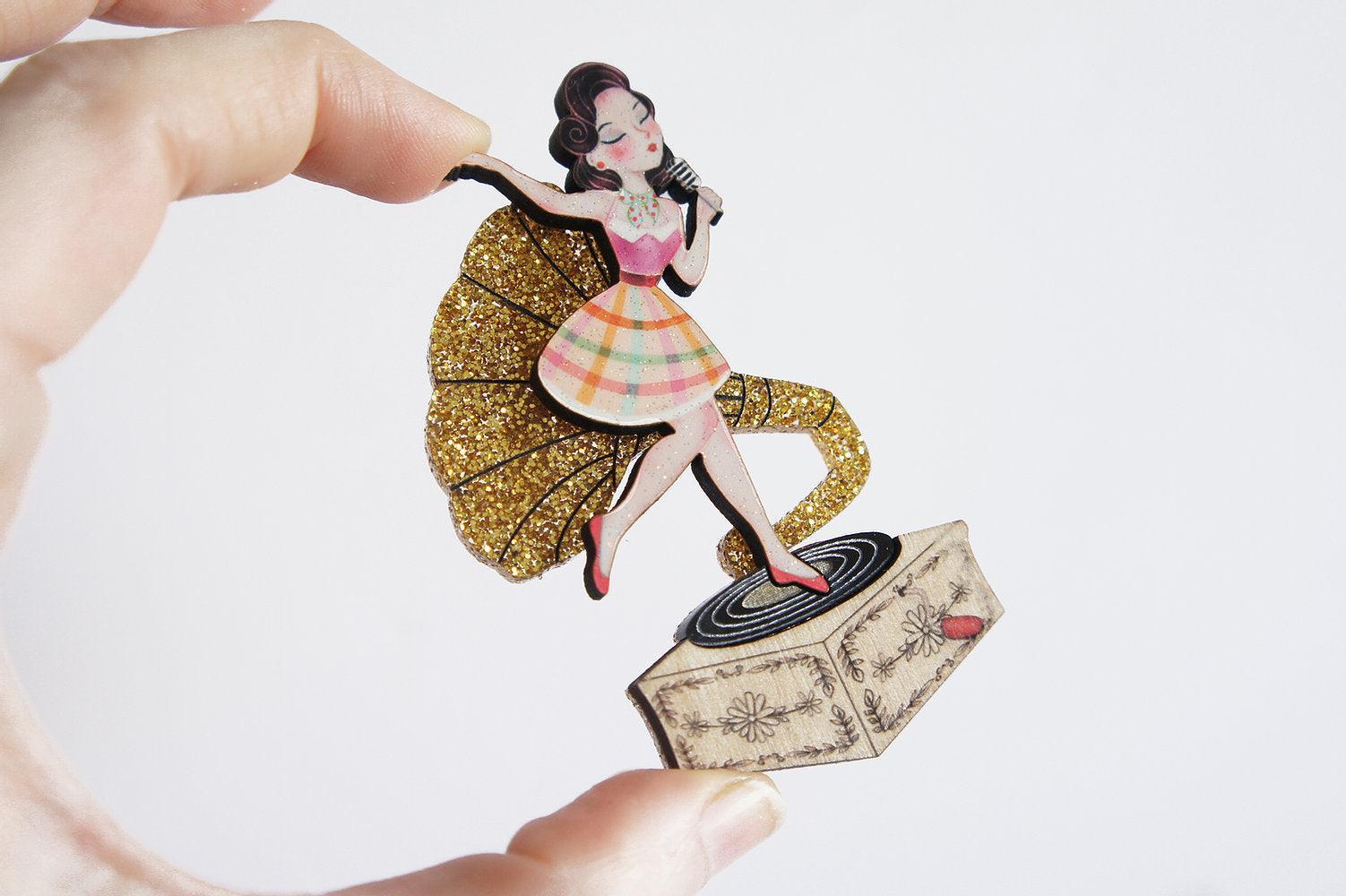 Pin Up Singer w/ Victrola Brooch by Laliblue by Quirks! at Shirley Shoppe