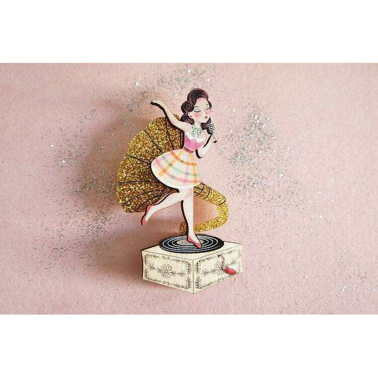 Pin Up Singer w/ Victrola Brooch by Laliblue