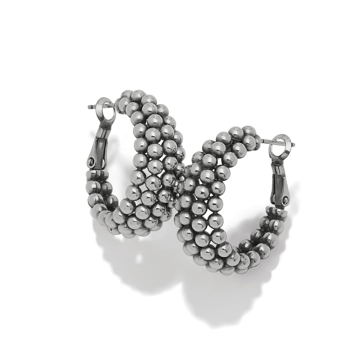 Brighton hoop earrings with clustered silver-plated beads forming rounded multi-row hoops on a white background