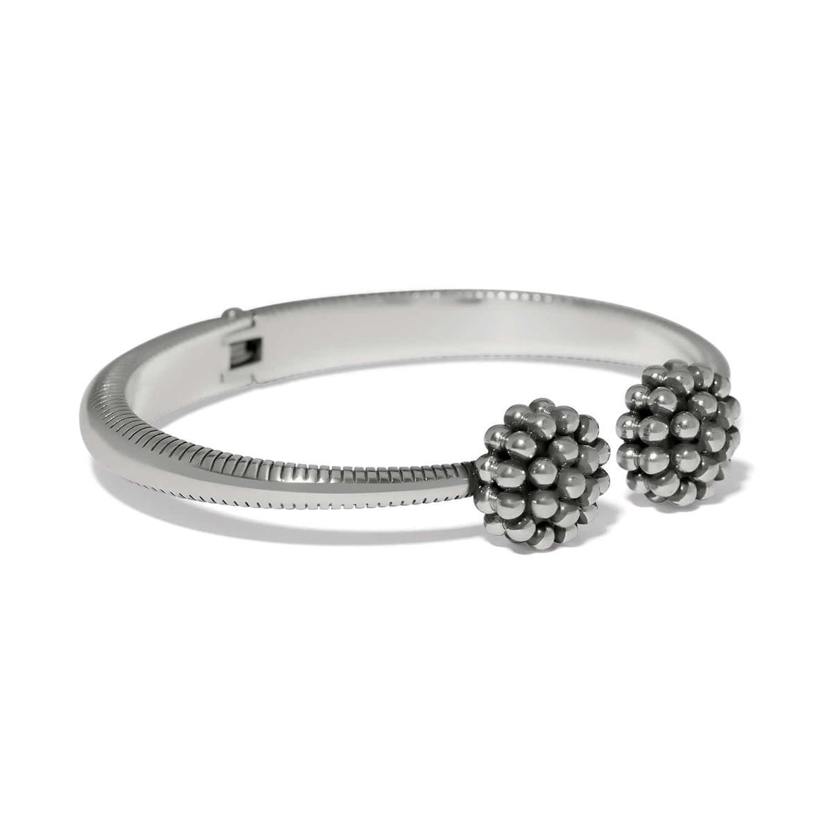 Brighton hinged cuff bracelet with silver-plated ribbed band and two beaded cluster end caps on a white background