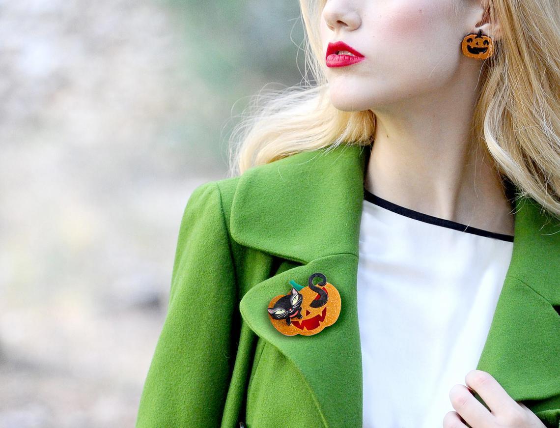 Pumpkin with Black Kitten Brooch by Laliblue by Quirks! at Shirley Shoppe