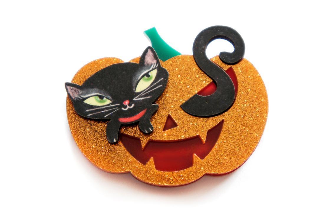 Pumpkin with Black Kitten Brooch by Laliblue by Quirks! at Shirley Shoppe