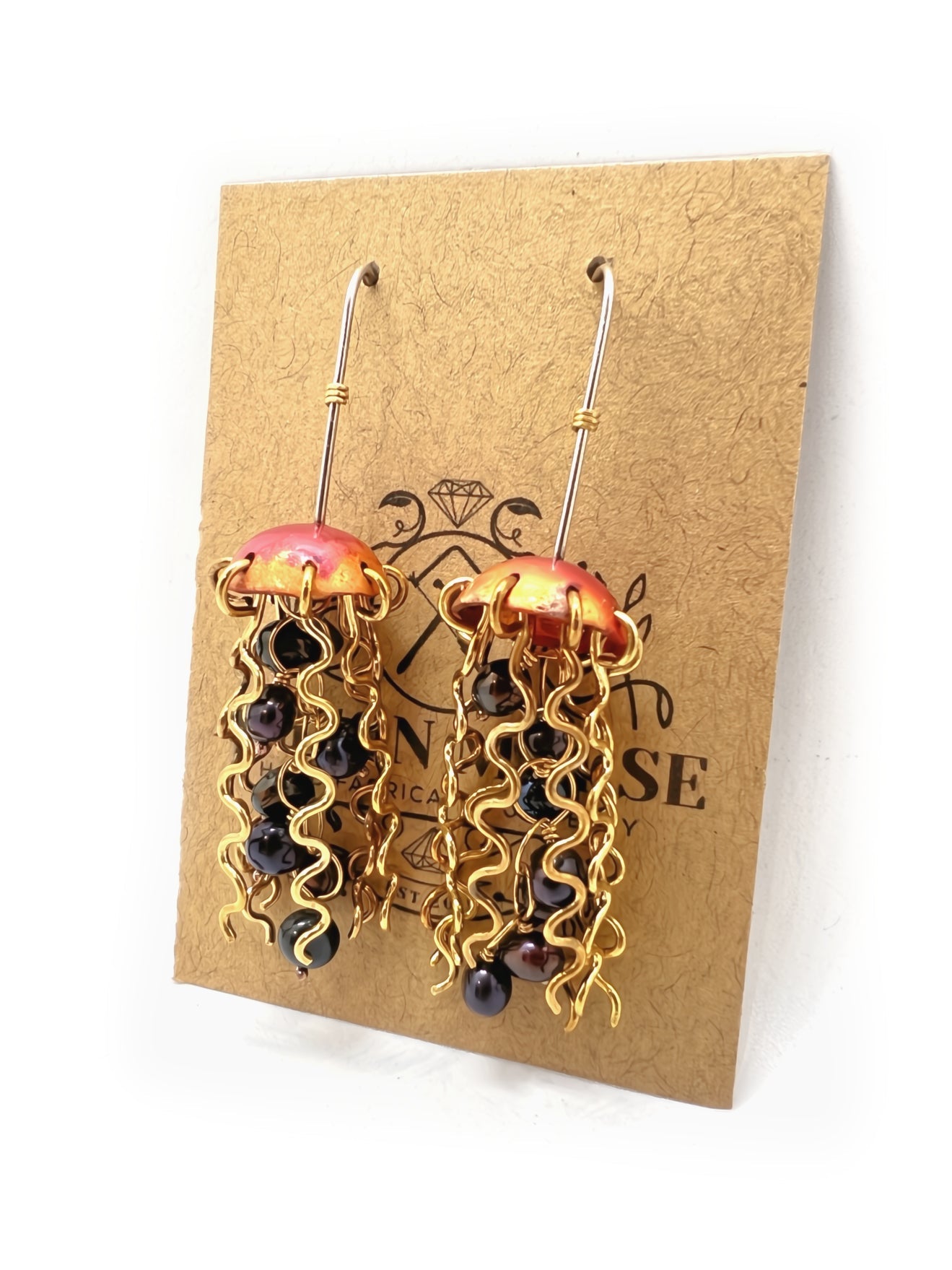 Red Copper Jellyfish Earrings with Dark Pearls and Sterling Silver Earwires by Alison Morse at Shirley Shoppe