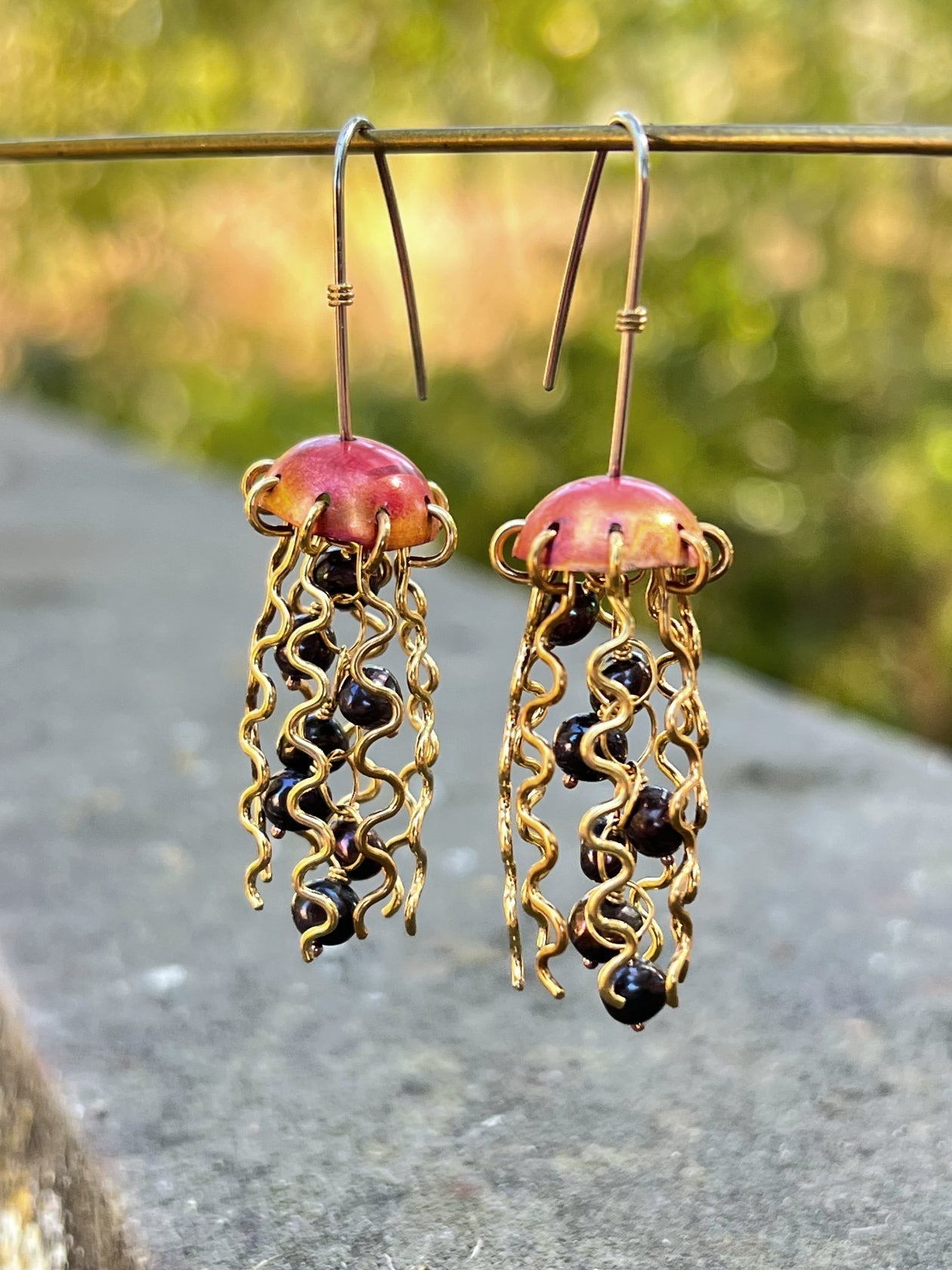 Red Copper Jellyfish Earrings with Dark Pearls and Sterling Silver Earwires by Alison Morse at Shirley Shoppe