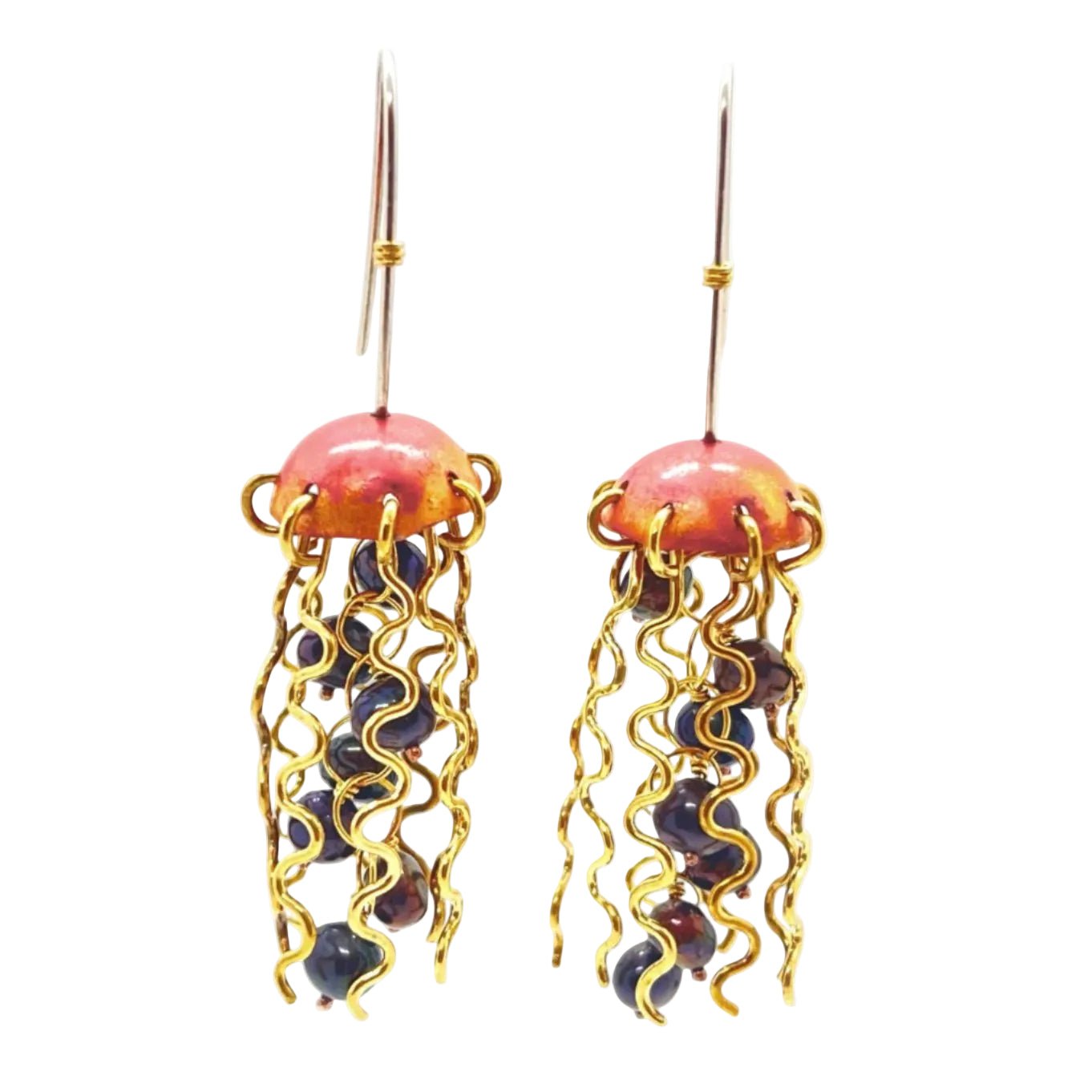 Red Copper Jellyfish Earrings with Dark Pearls and Sterling Silver Earwires by Alison Morse at Shirley Shoppe