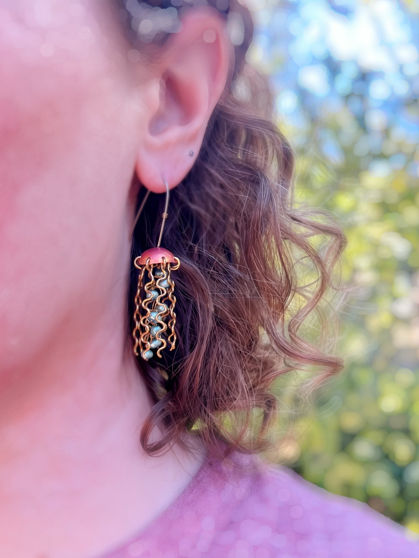 Red Copper Jellyfish Earrings with Green Pearls and Sterling Silver Earwires by Alison Morse at Shirley Shoppe