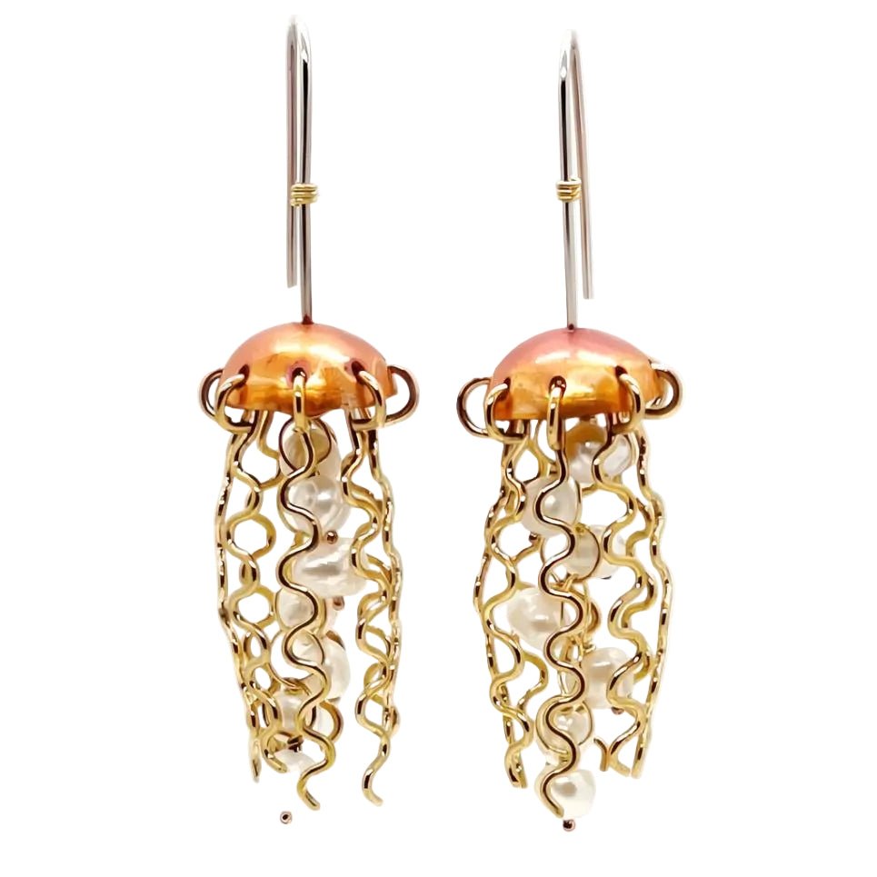 Red Copper Jellyfish Earrings with White Pearls and Sterling Silver Earwires by Alison Morse at Shirley Shoppe