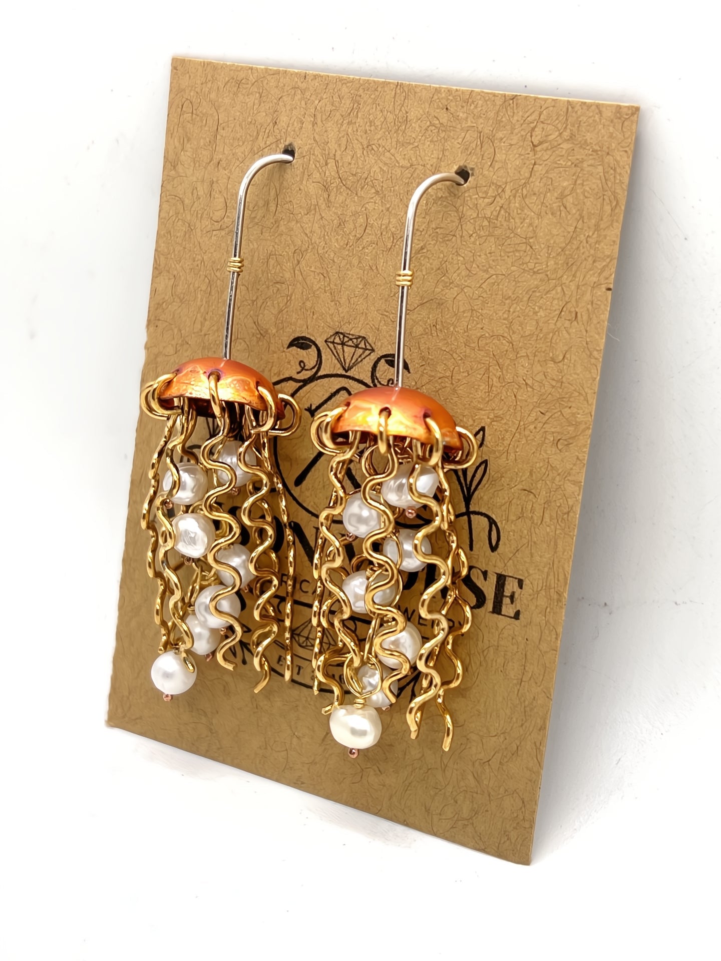 Red Copper Jellyfish Earrings with White Pearls and Sterling Silver Earwires by Alison Morse at Shirley Shoppe