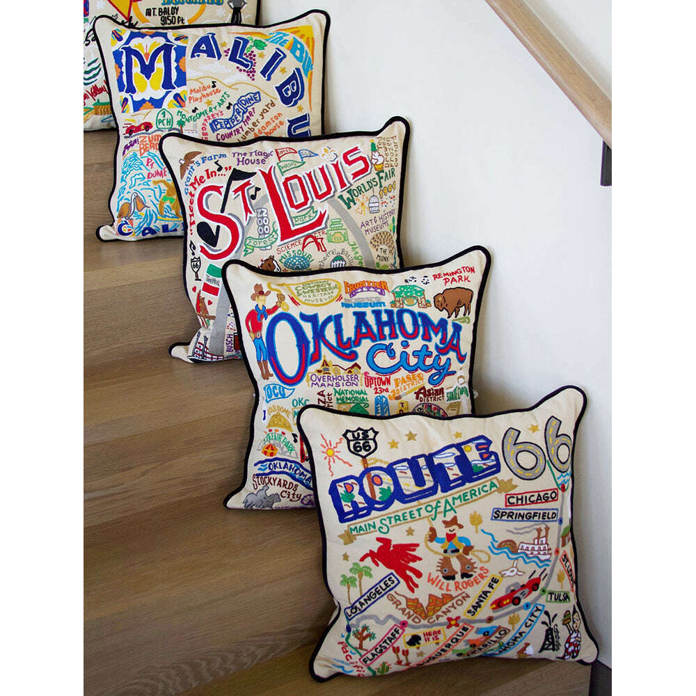 Route 66 Hand-Embroidered Pillow