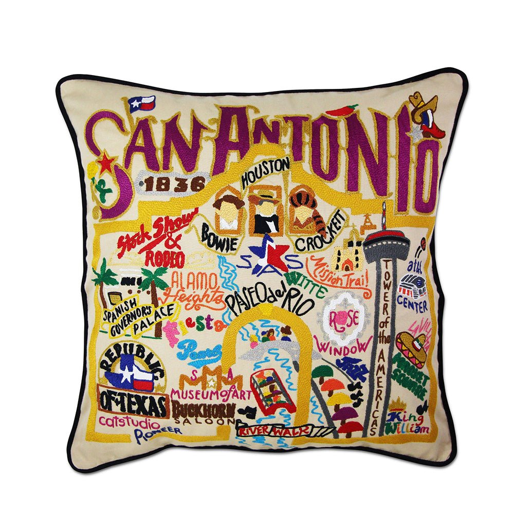 San Antonio, TX Hand - Embroidered Pillow by Quirks! at Shirley Shoppe