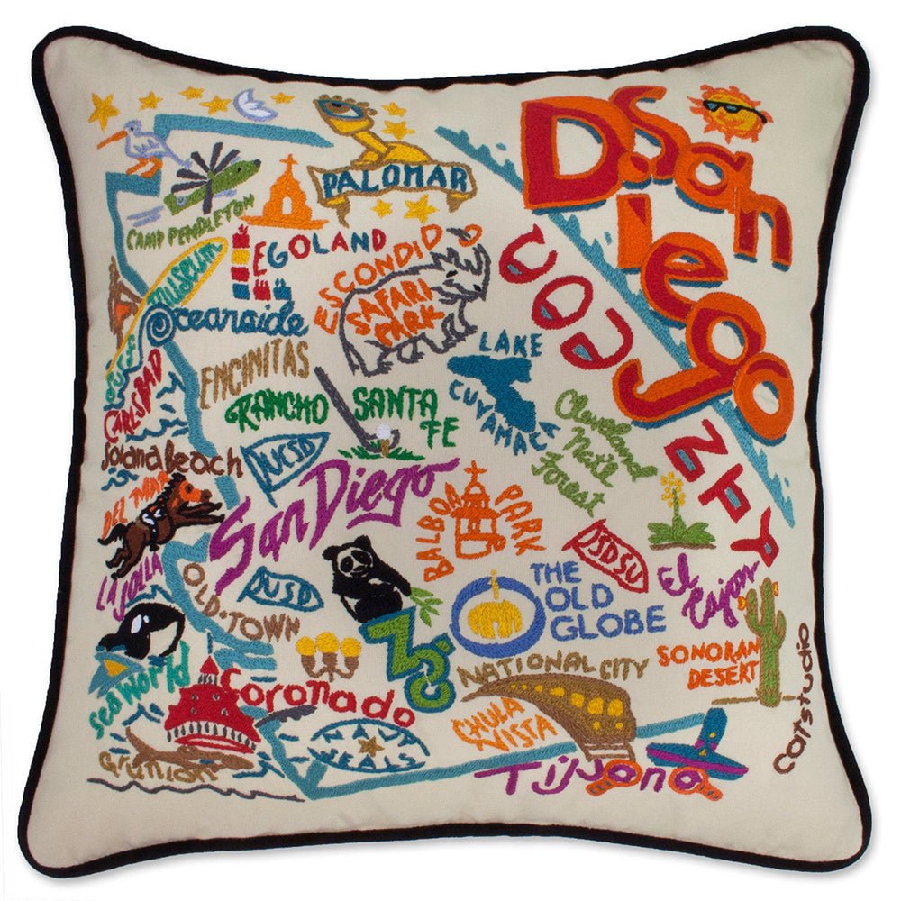 San Diego, CA Hand - Embroidered Pillow by Quirks! at Shirley Shoppe