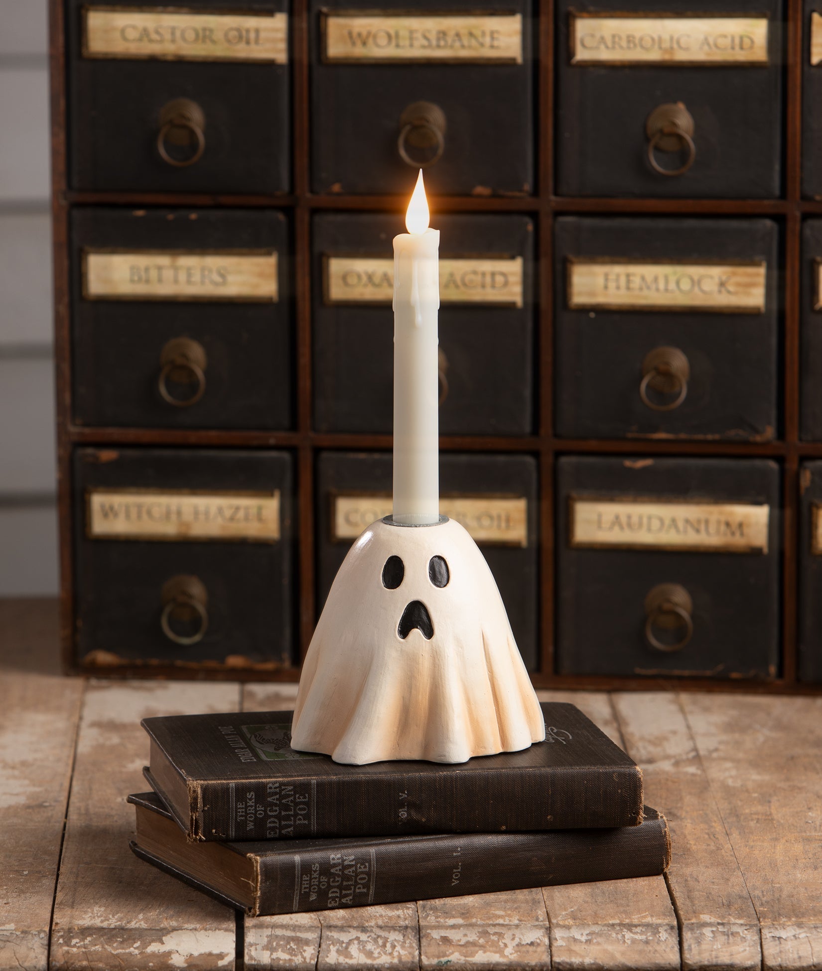 Scared Ghost Candlestick | Halloween Decor | Bethany Lowe by Quirks! at Shirley Shoppe