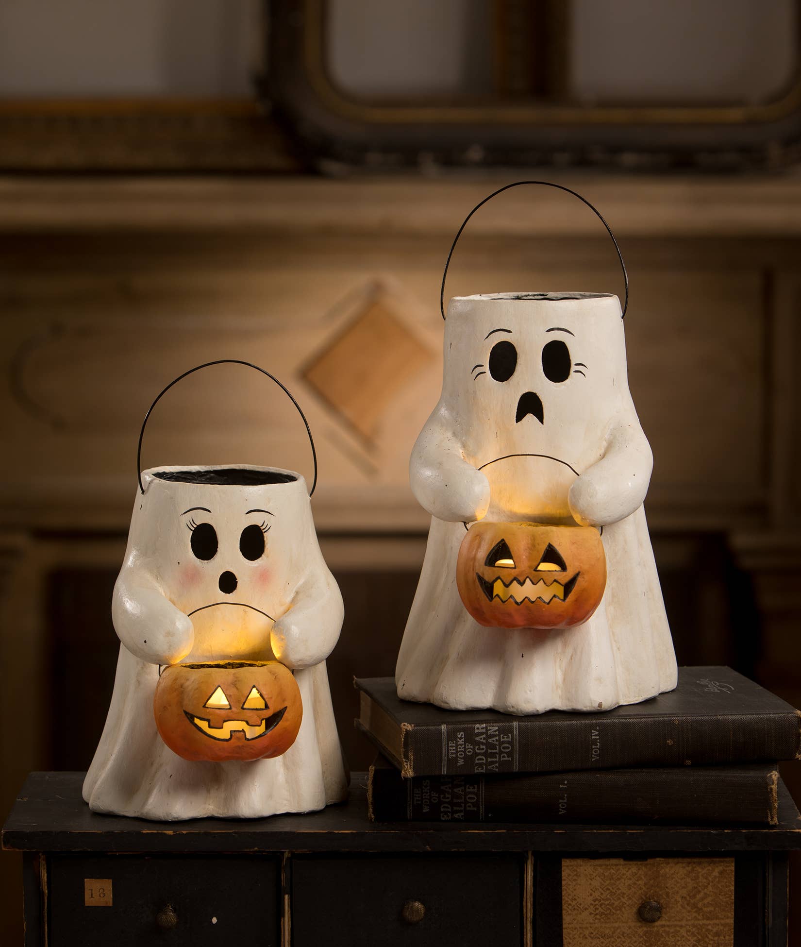 Scaredy Boo With Pumpkin Bucket Paper Mache by Quirks! at Shirley Shoppe