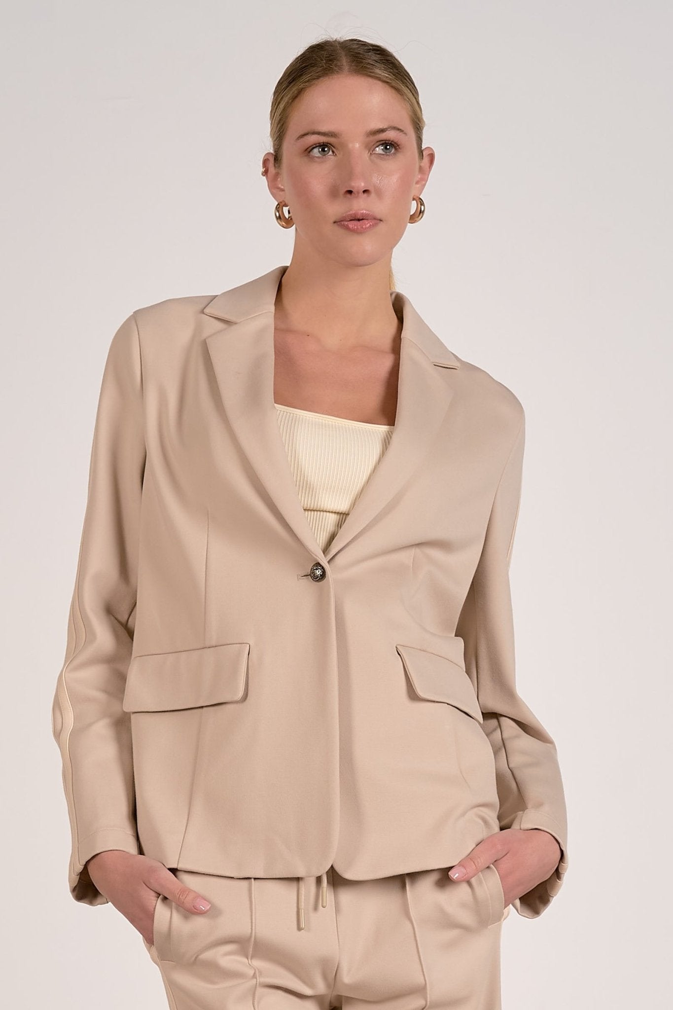 Scottie Scuba Blazer Beige Natural Stripe by Shop Elan at Shirley Shoppe