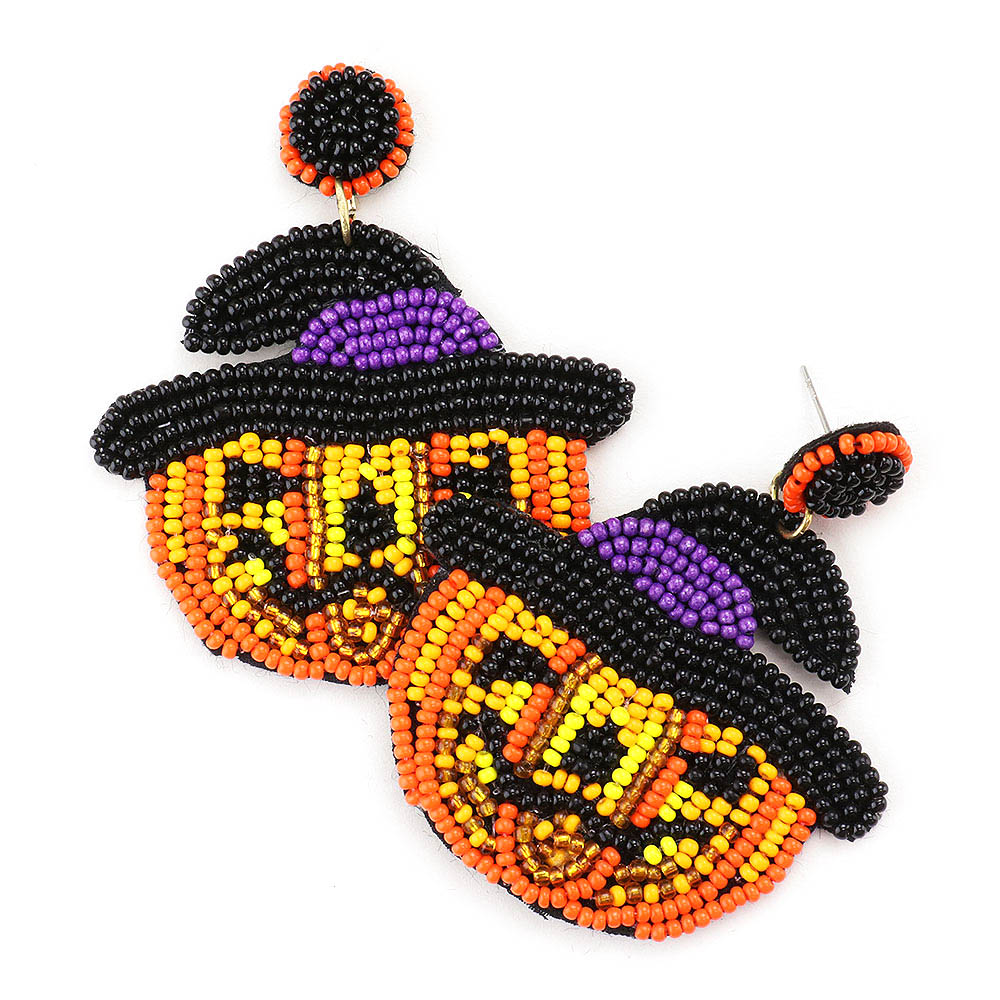 Seed Bead Witch Hat Pumpkin Earrings