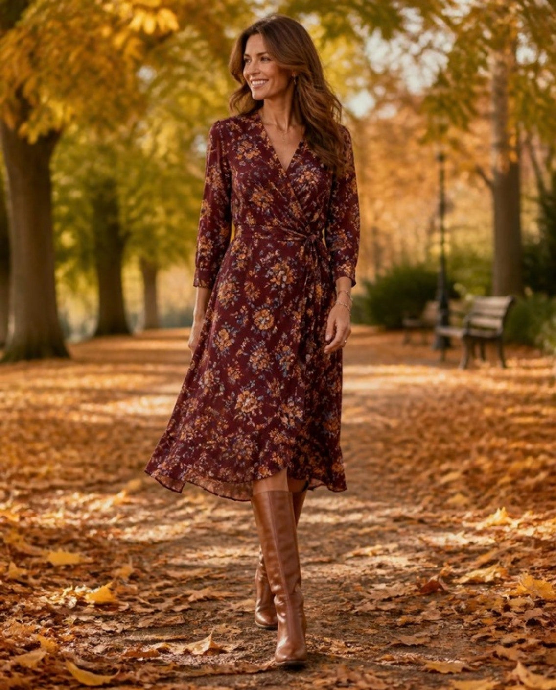 Woman in a burgundy floral wrap dress and cognac boots on a leaf-covered path