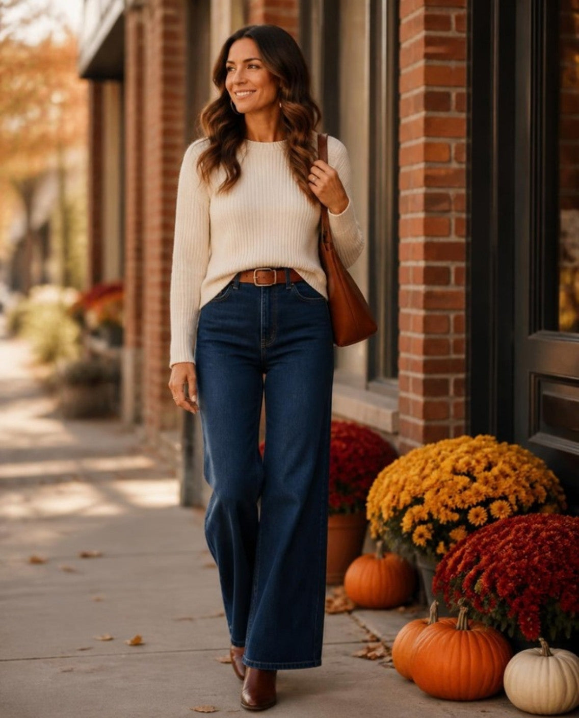 Woman in dark wide-leg jeans and a cream sweater beside autumn mums and pumpkins