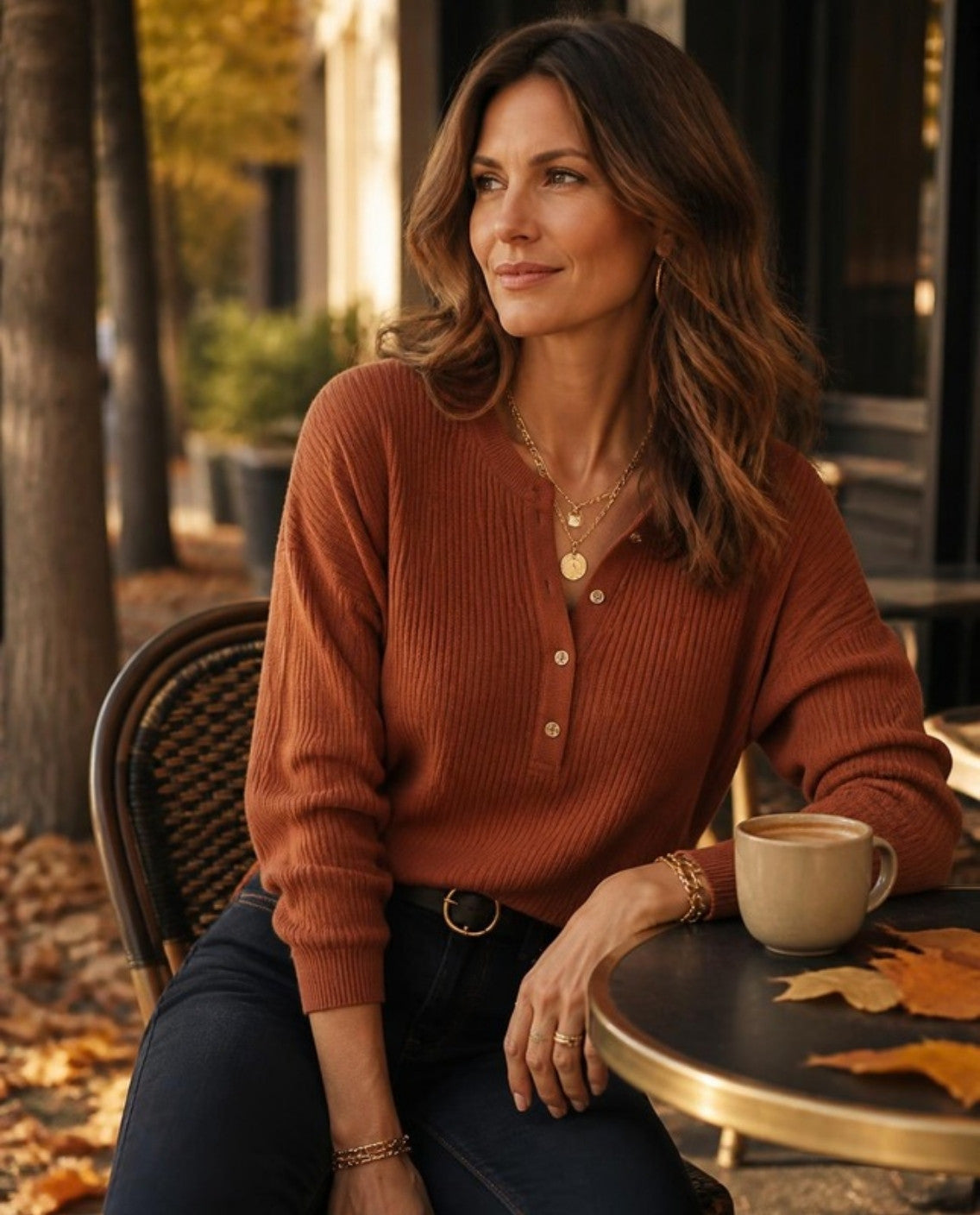 Woman in a rust ribbed sweater at an outdoor cafe in autumn