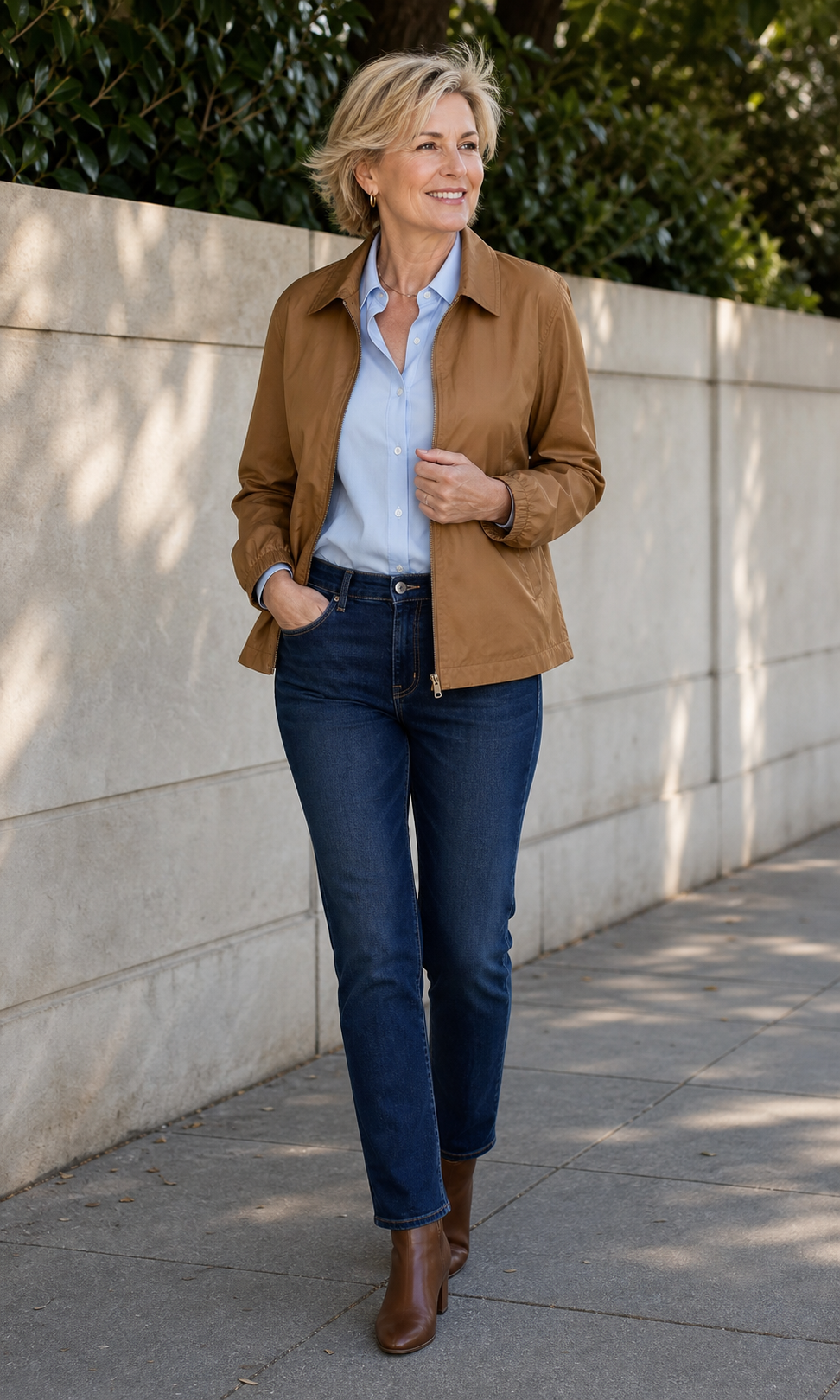 Woman wearing a camel jacket, pale blue blouse and dark denim outdoors