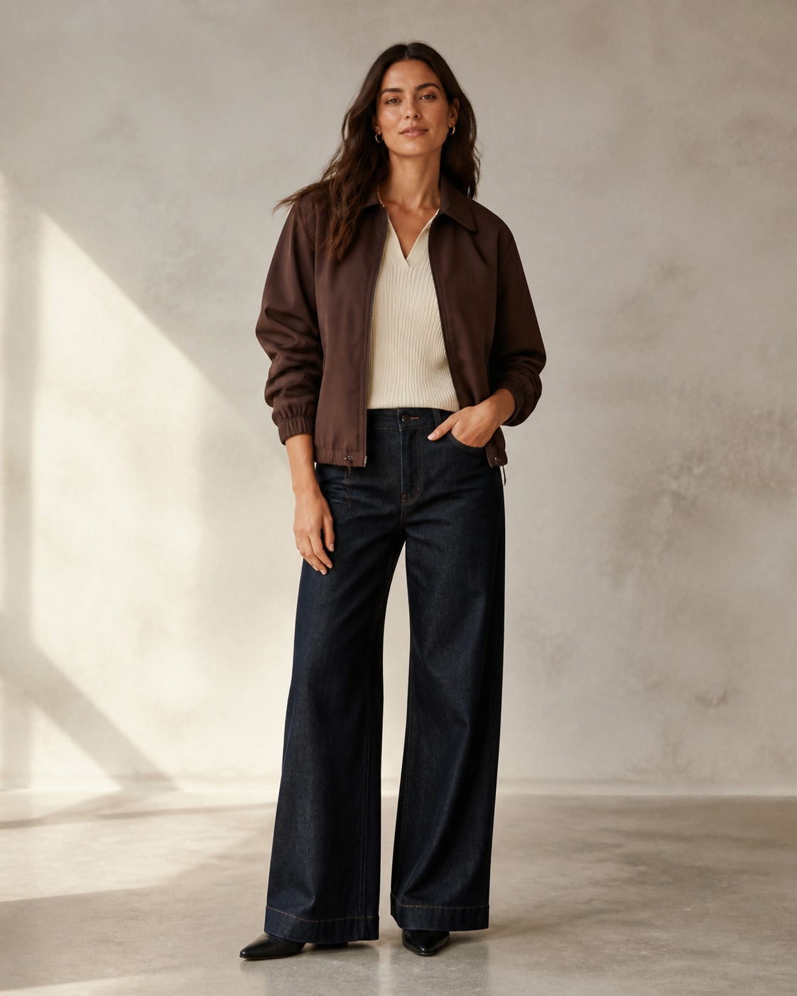 Woman wearing a chocolate jacket, cream knit top and dark wide-leg denim