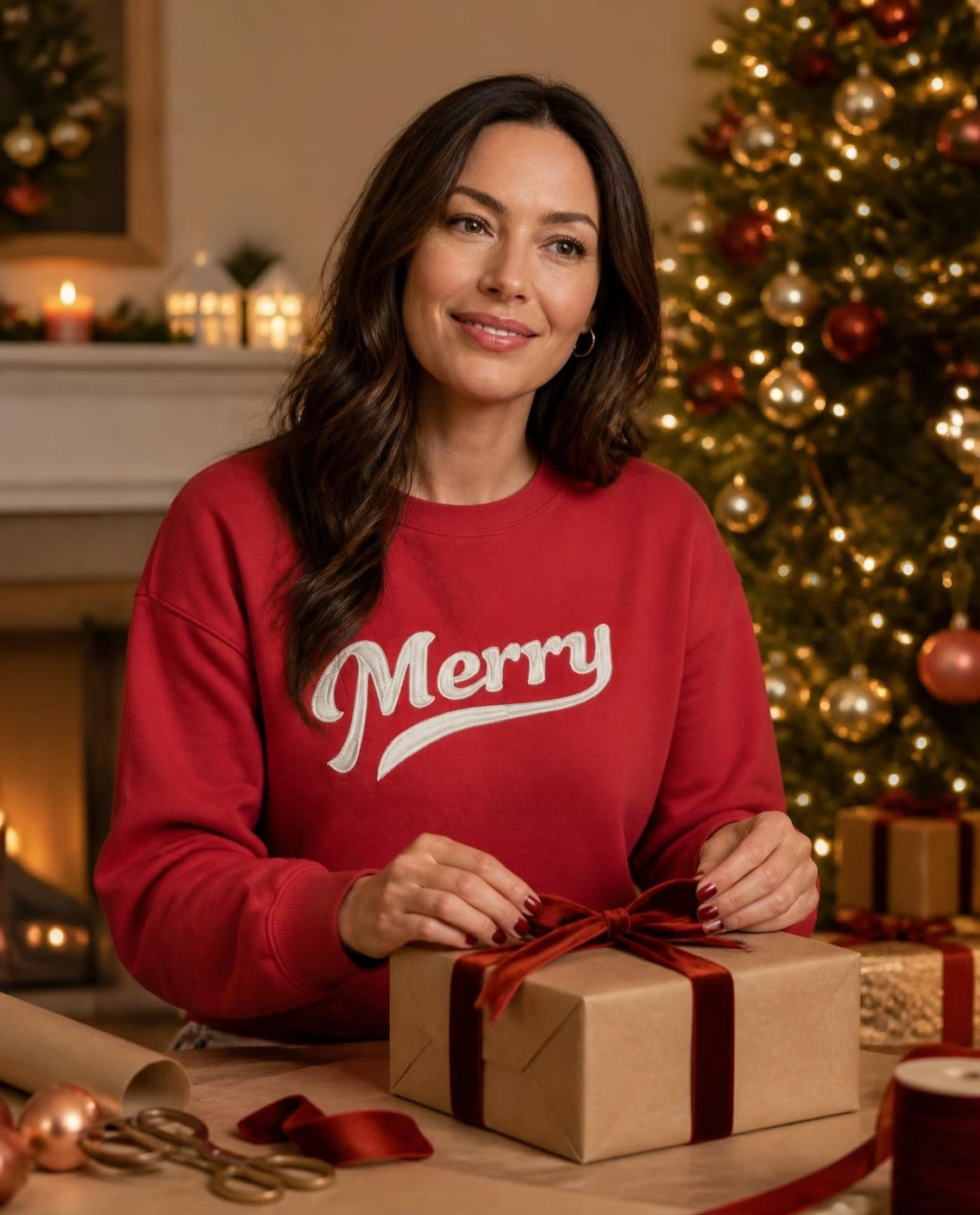 Woman in a red Merry sweatshirt wrapping gifts by a Christmas tree