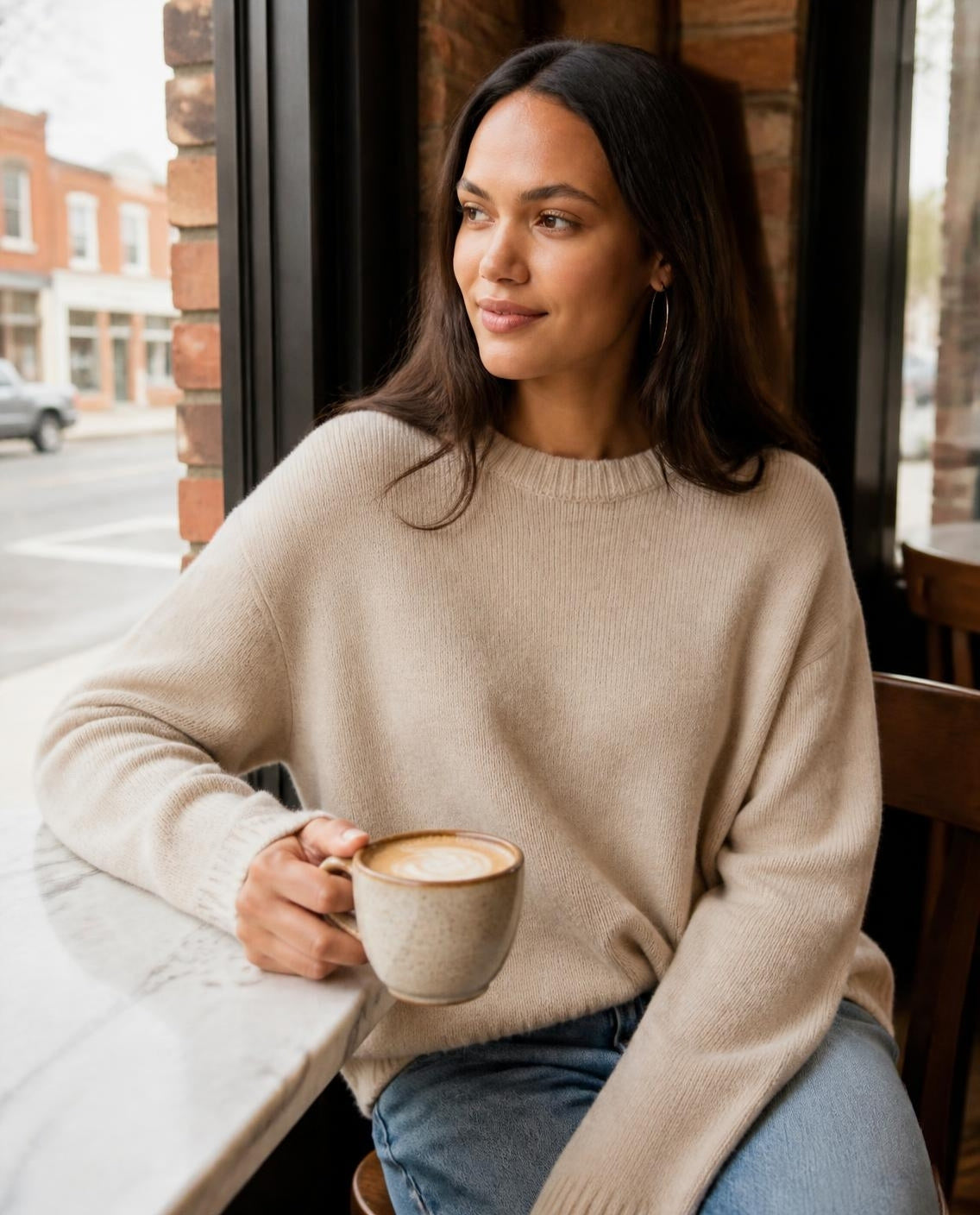 Woman in an oatmeal sweater holding a latte at a coffee shop window