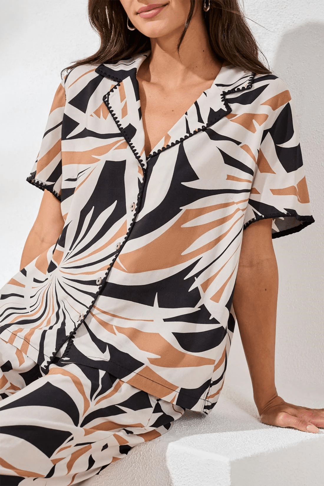 Short Sleeve Pattern Blouse with Black Embroidery Trim by Tribal at Shirley Shoppe
