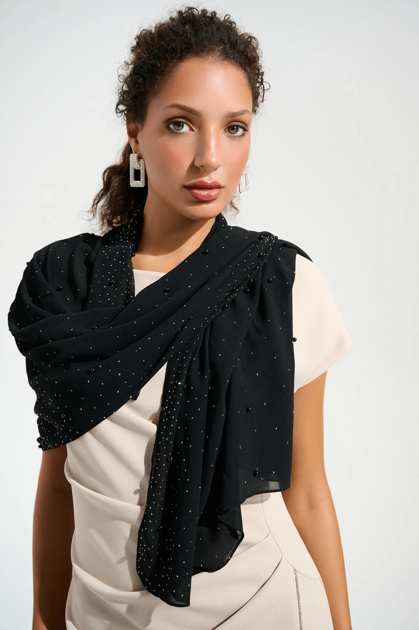 Signature | Chiffon Rectangular Scarf With Rhinestones and Pearls by Joseph Ribkoff at Shirley Shoppe