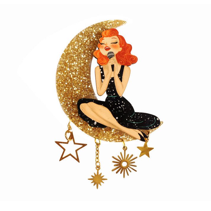 Singer sitting on the Moon Brooch by Laliblue by Quirks! at Shirley Shoppe