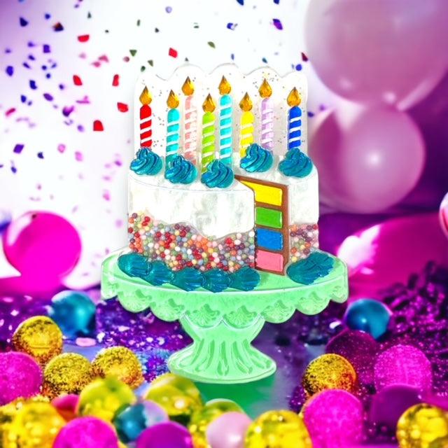 "Slice, Slice Baby" Birthday Cake Brooch by Lipstick & Chrome x Club Eggie — Vintage Birthday Acrylic Pin