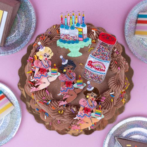 "Slice, Slice Baby" Birthday Cake Brooch by Lipstick & Chrome x Club Eggie — Vintage Birthday Acrylic Pin
