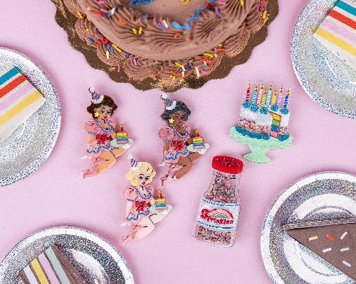 "Slice, Slice Baby" Birthday Cake Brooch by Lipstick & Chrome x Club Eggie — Vintage Birthday Acrylic Pin
