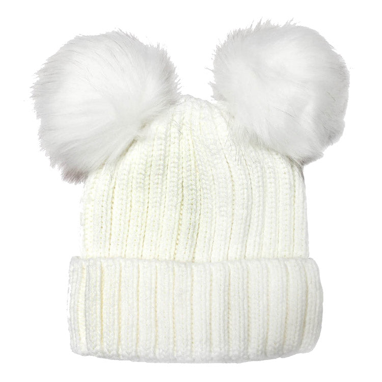 Women's Soft Knit Double Faux Fur Pom Beanie Hat
